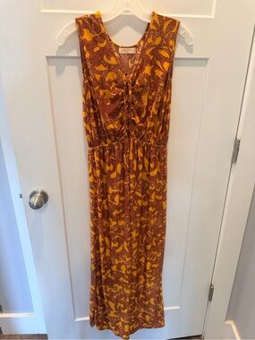 Seven Islands Mustard Brown Paisley Lace Up Boho Maxi Dress M